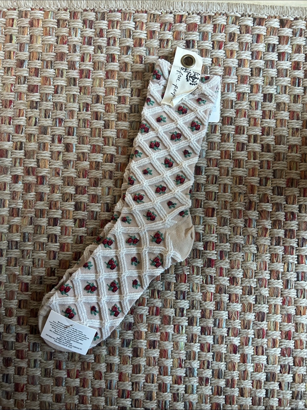Free People Beige Crew Socks with Red Cherry Pattern